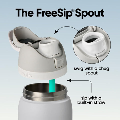 Owala FreeSip lid close-up highlighting push-button lock for spill prevention