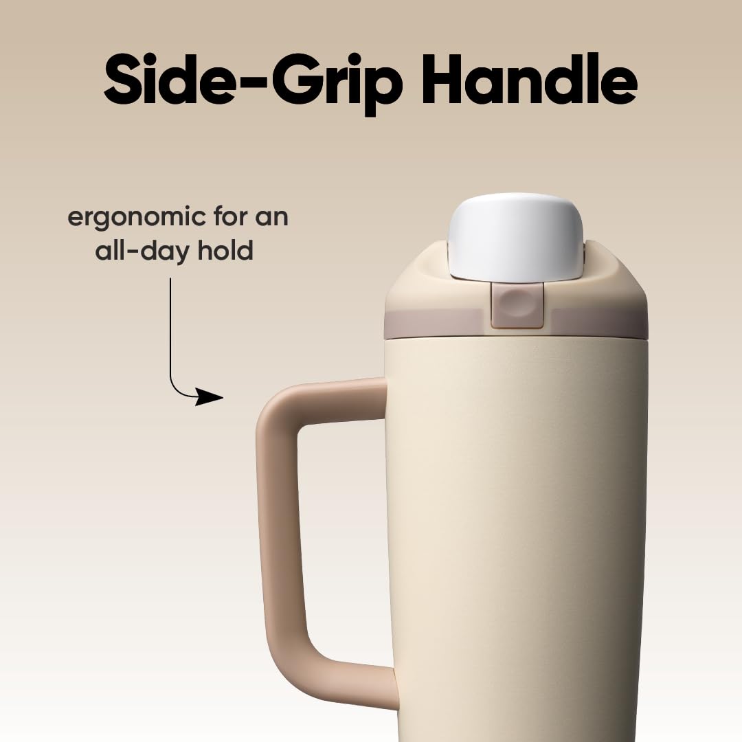 Owala FreeSip used outdoors in a backpack scene showing durable carry loop and everyday convenience