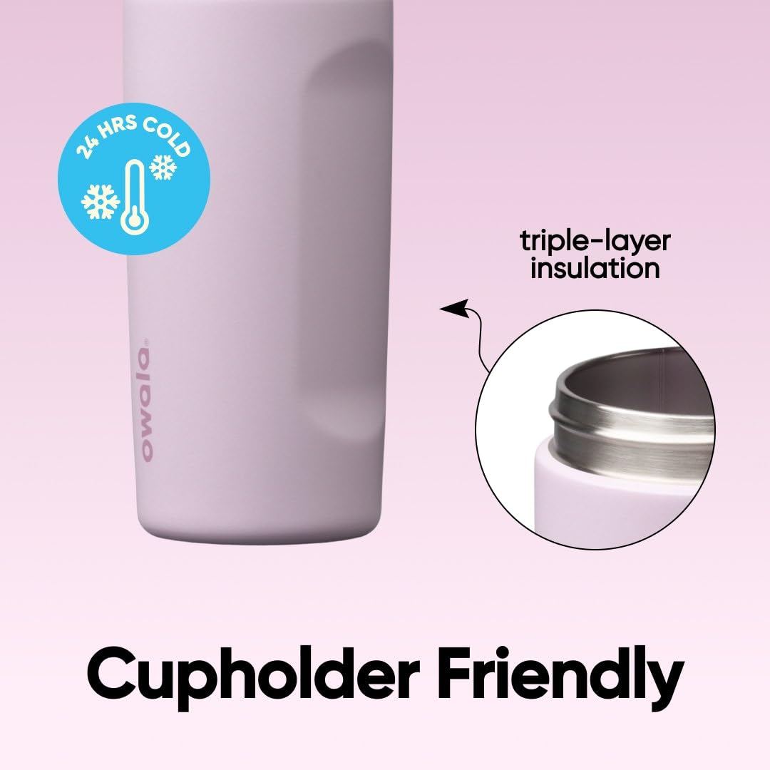 Owala FreeSip Lilac placed in car cup holder showing compact fit