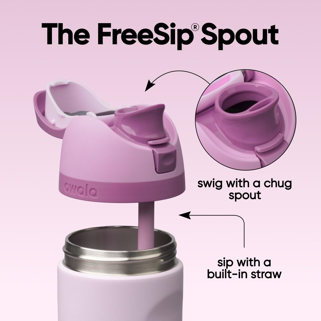 Owala FreeSip Lilac lid close-up highlighting push-button lock and hygiene
