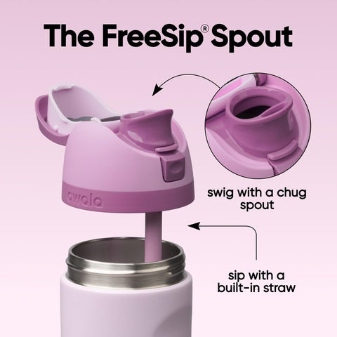 Owala FreeSip Lilac lid close-up highlighting push-button lock and hygiene