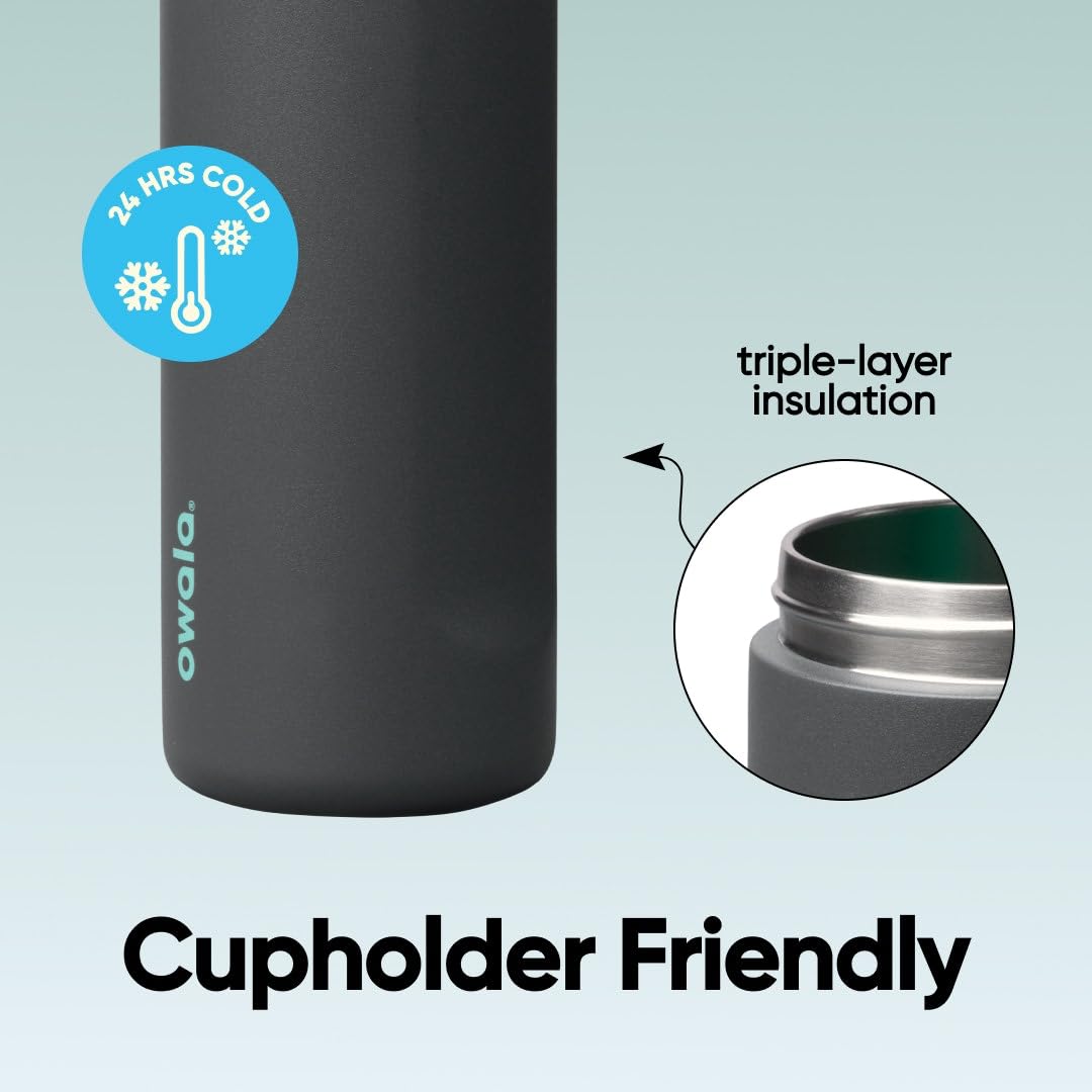 Owala FreeSip side profile in a cup holder demonstrating fit and travel convenience