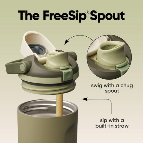 Owala close-up of FreeSip spout demonstrating straw and swig options for versatile sipping