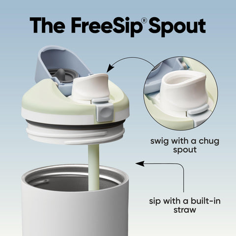 Owala FreeSip spout close-up highlighting patented 2-in-1 drinking option benefit