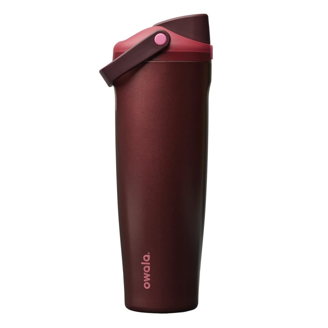 Owala FreeSip Sway front view showing Black Cherry finish and capacity benefit