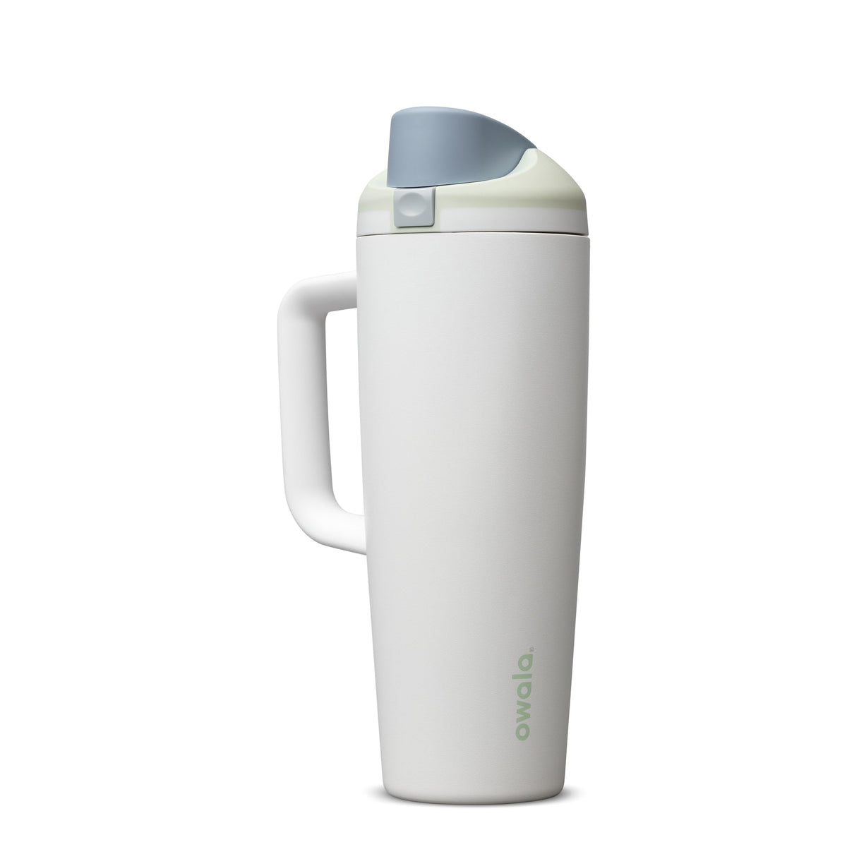 Owala FreeSip front view showing tumbler design and easy-grip handle benefit