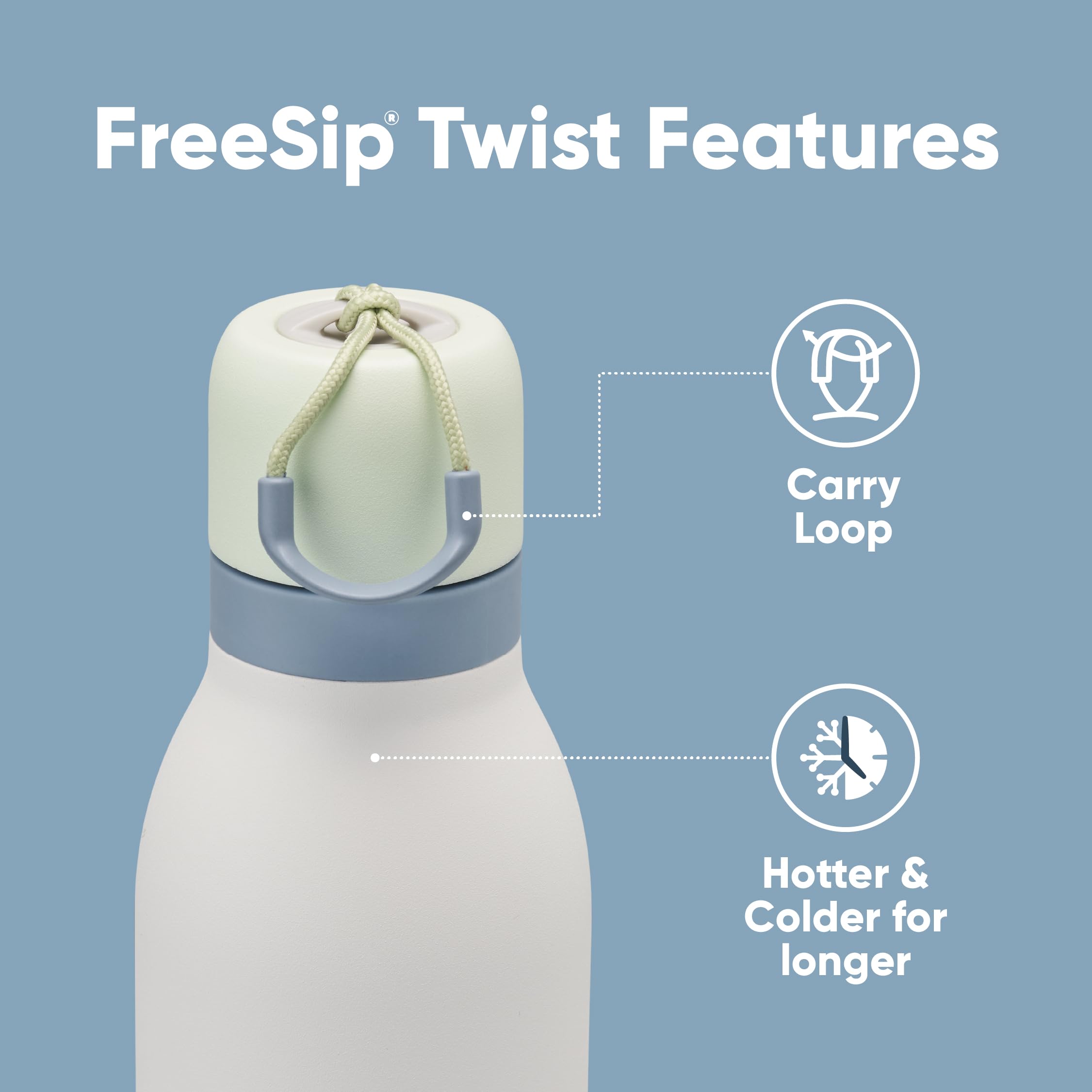 Owala FreeSip Twist lid close-up highlighting twist-top and carry loop benefit