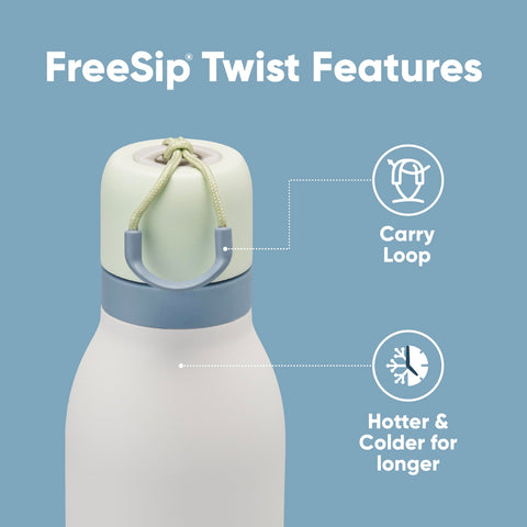 Owala FreeSip Twist lid close-up highlighting twist-top and carry loop benefit