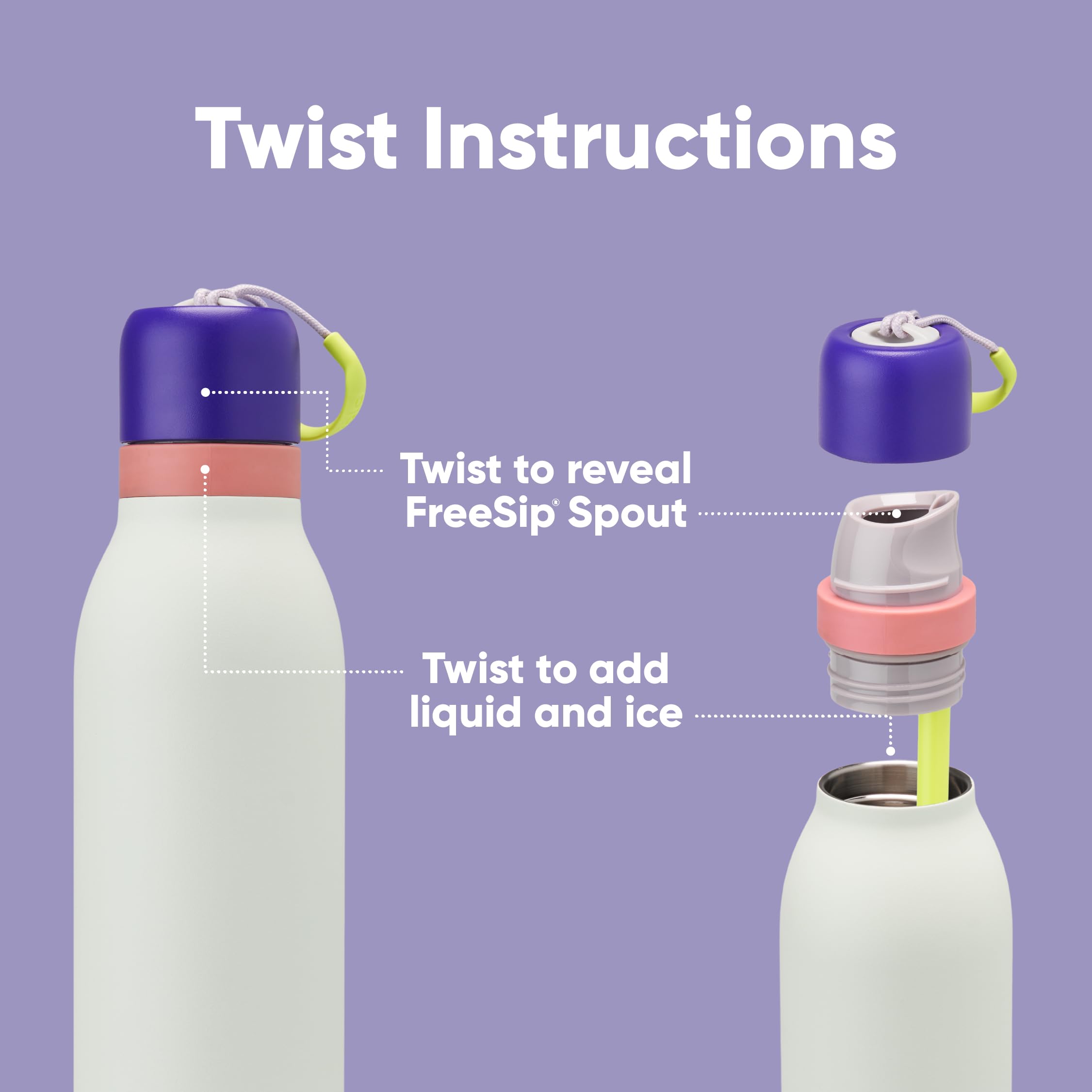 Owala FreeSip Twist lid close-up showing carry loop and twist-top for secure transport