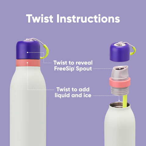 Owala FreeSip Twist lid close-up showing carry loop and twist-top for secure transport