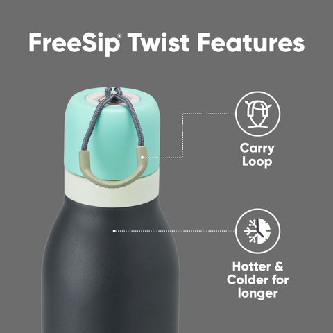 Owala FreeSip Twist lid close-up highlighting carry loop and leak-resistant twist-top for secure transport