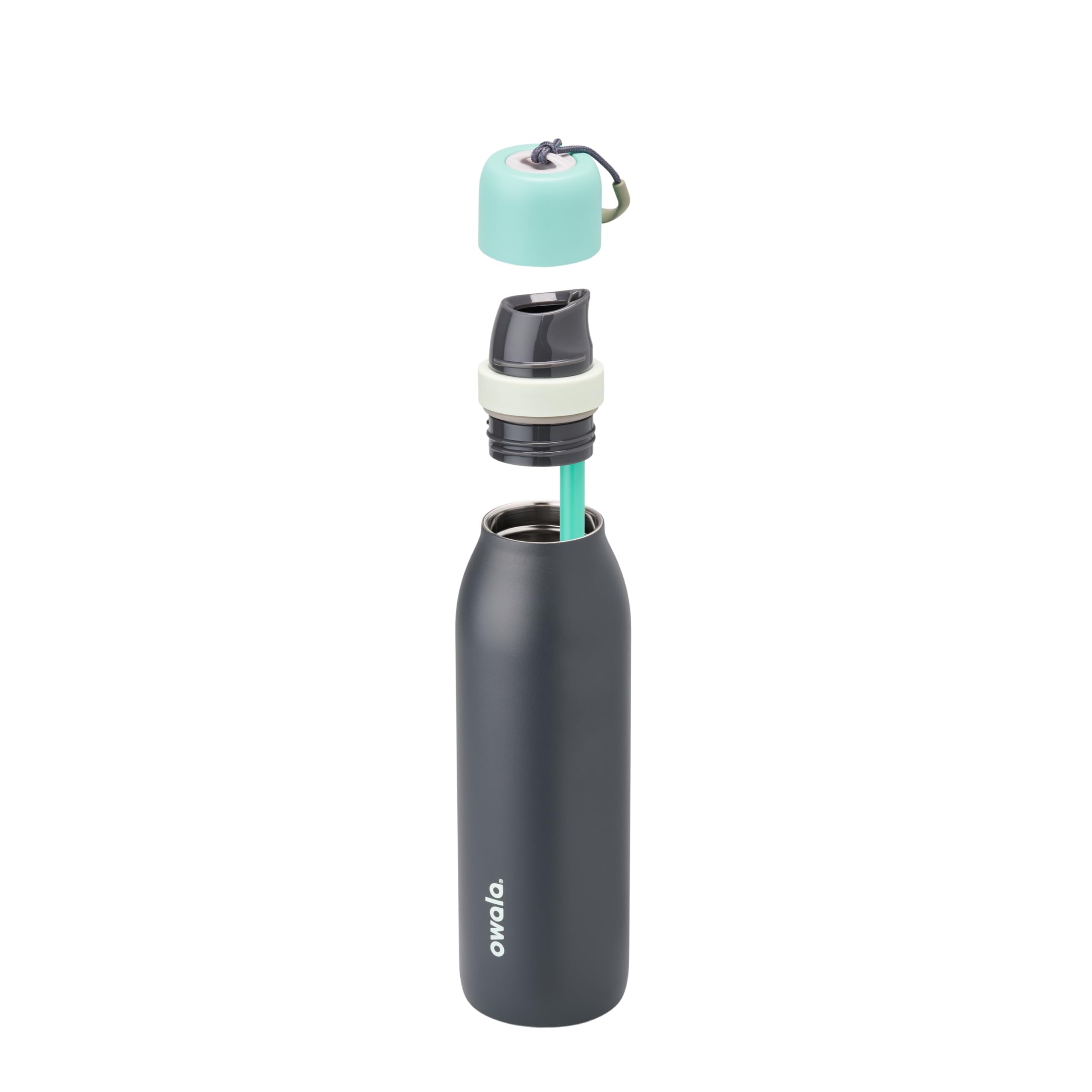 Owala FreeSip Twist with lid open showing protective twist-top and cleanable spout, easy maintenance