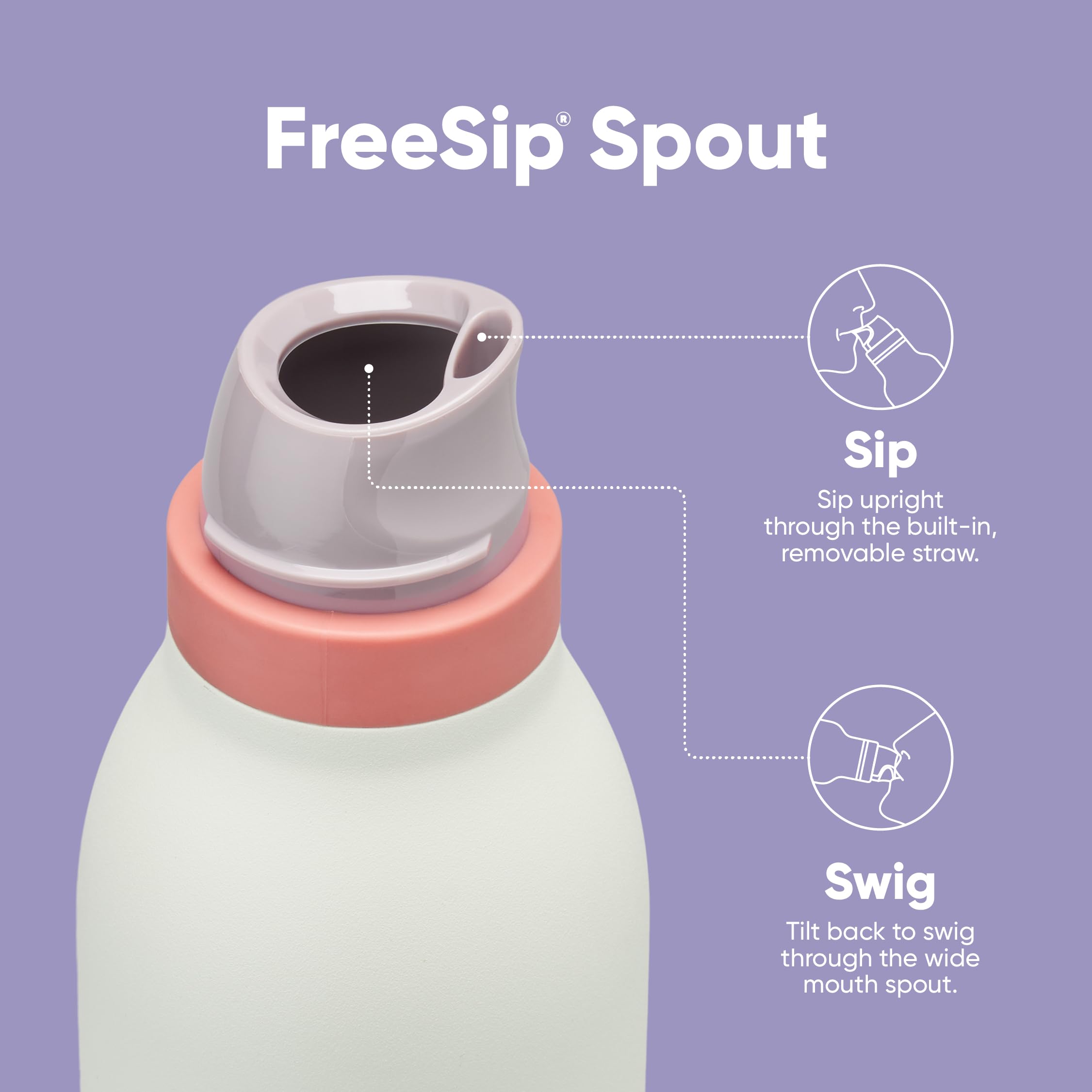 Owala FreeSip Twist spout and straw close-up demonstrating dual sip-or-swig convenience