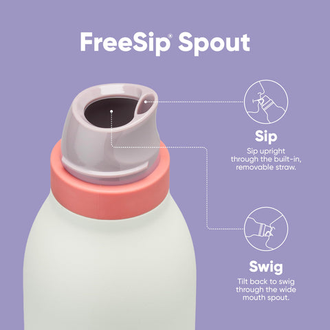Owala FreeSip Twist spout and straw close-up demonstrating dual sip-or-swig convenience