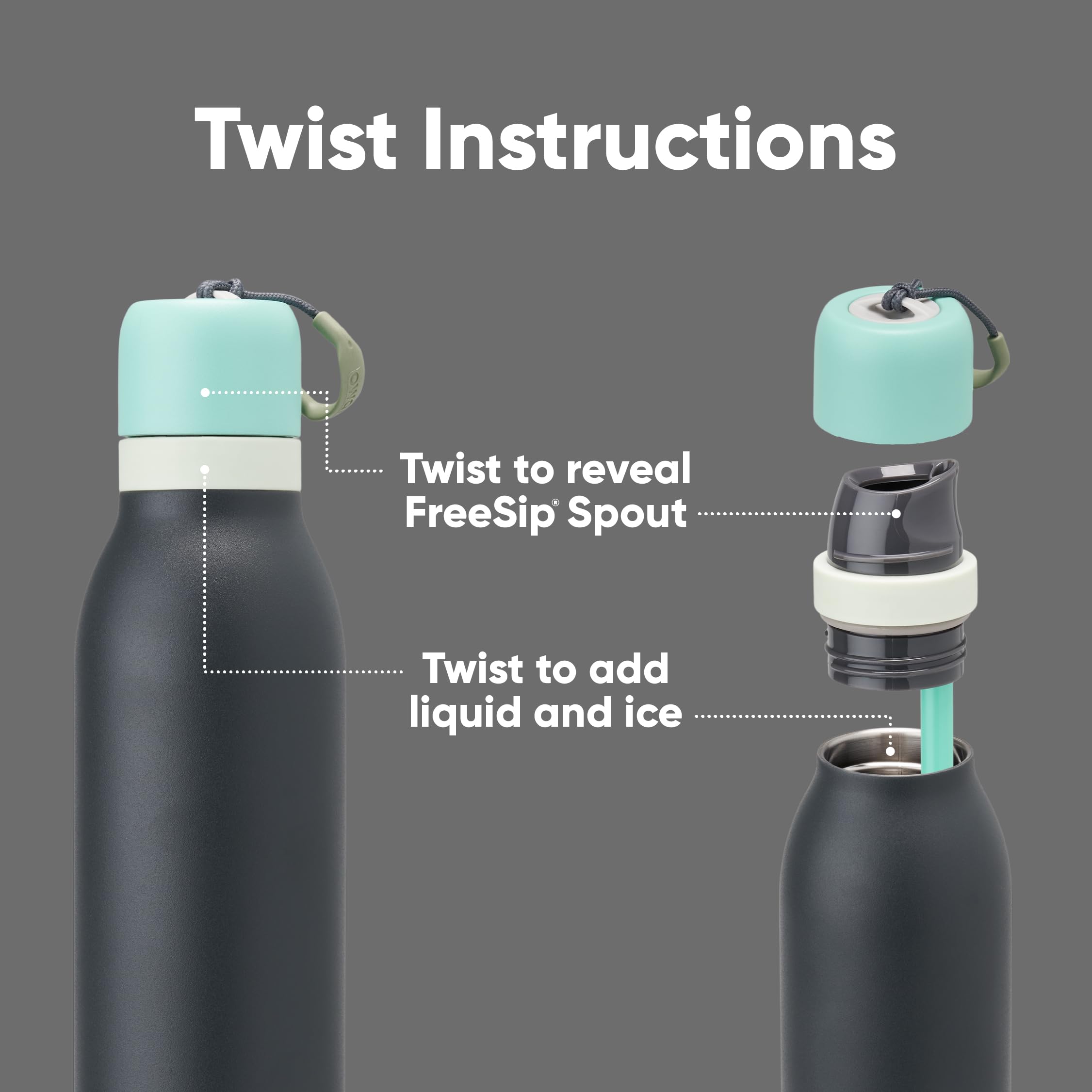 Owala FreeSip Twist spout and built-in straw detail showing dual sip-or-swig function for flexible drinking