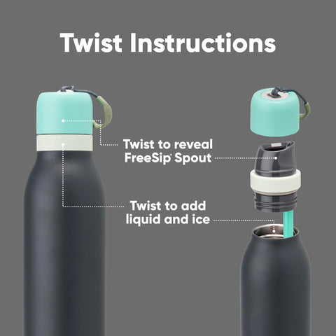 Owala FreeSip Twist spout and built-in straw detail showing dual sip-or-swig function for flexible drinking