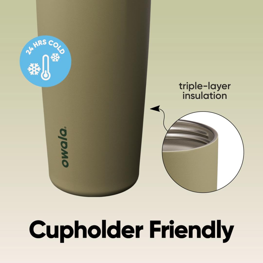 Owala handle and push-button lid detail showing secure carry and hygienic locking benefit