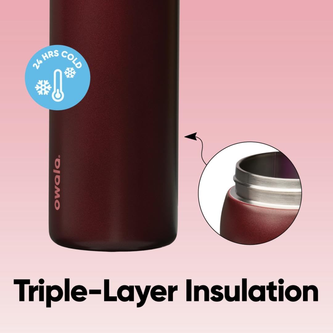 Owala insulated cross-section illustrating double-wall steel and extended cold retention