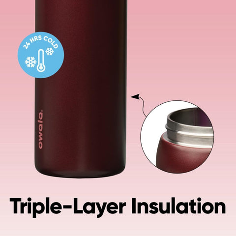 Owala insulated cross-section illustrating double-wall steel and extended cold retention