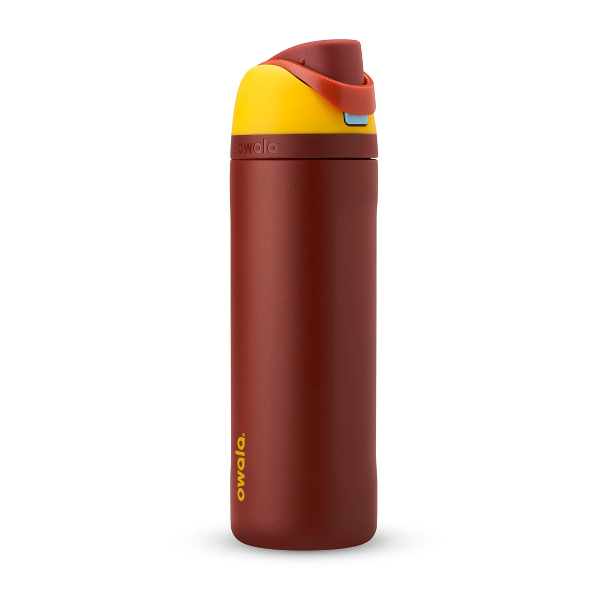 Owala Iron Man bottle front view showing insulated design and bold superhero graphics