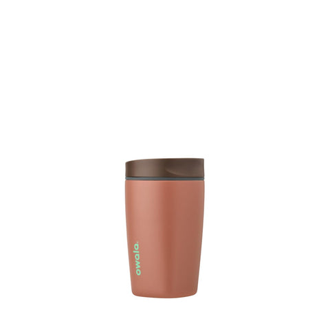 Owala SmoothSip Cozy Cocoa front view showing leakproof lid and portable benefit