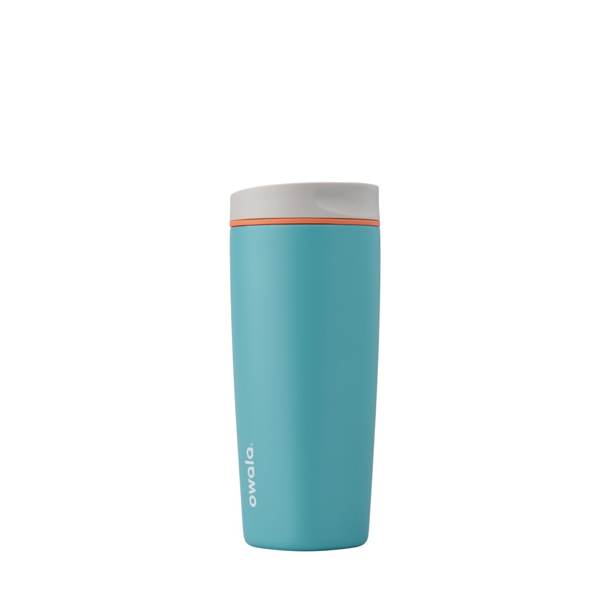 Owala SmoothSip front view showing grey-blue finish and leakproof benefit