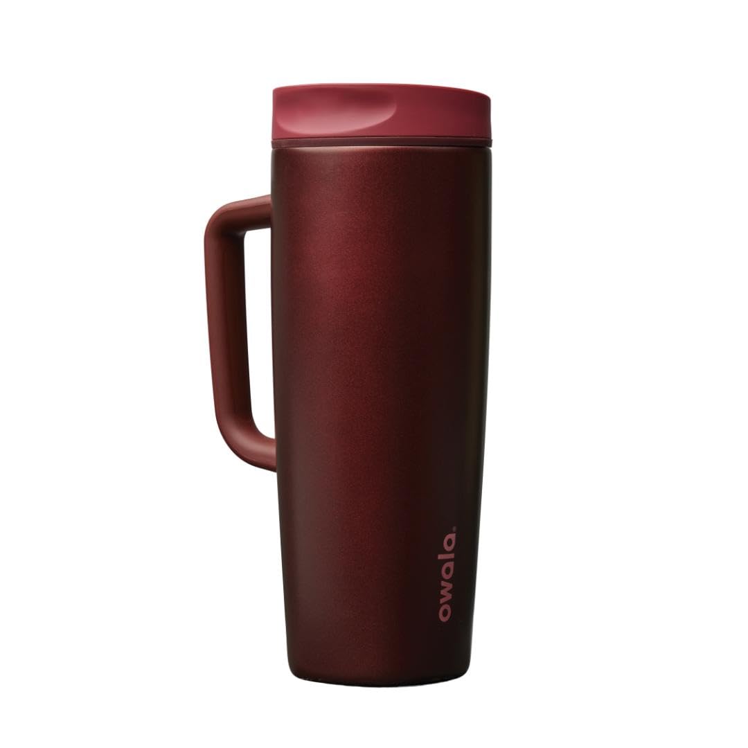 Owala SmoothSip front view showing sleek black cherry finish and portable design