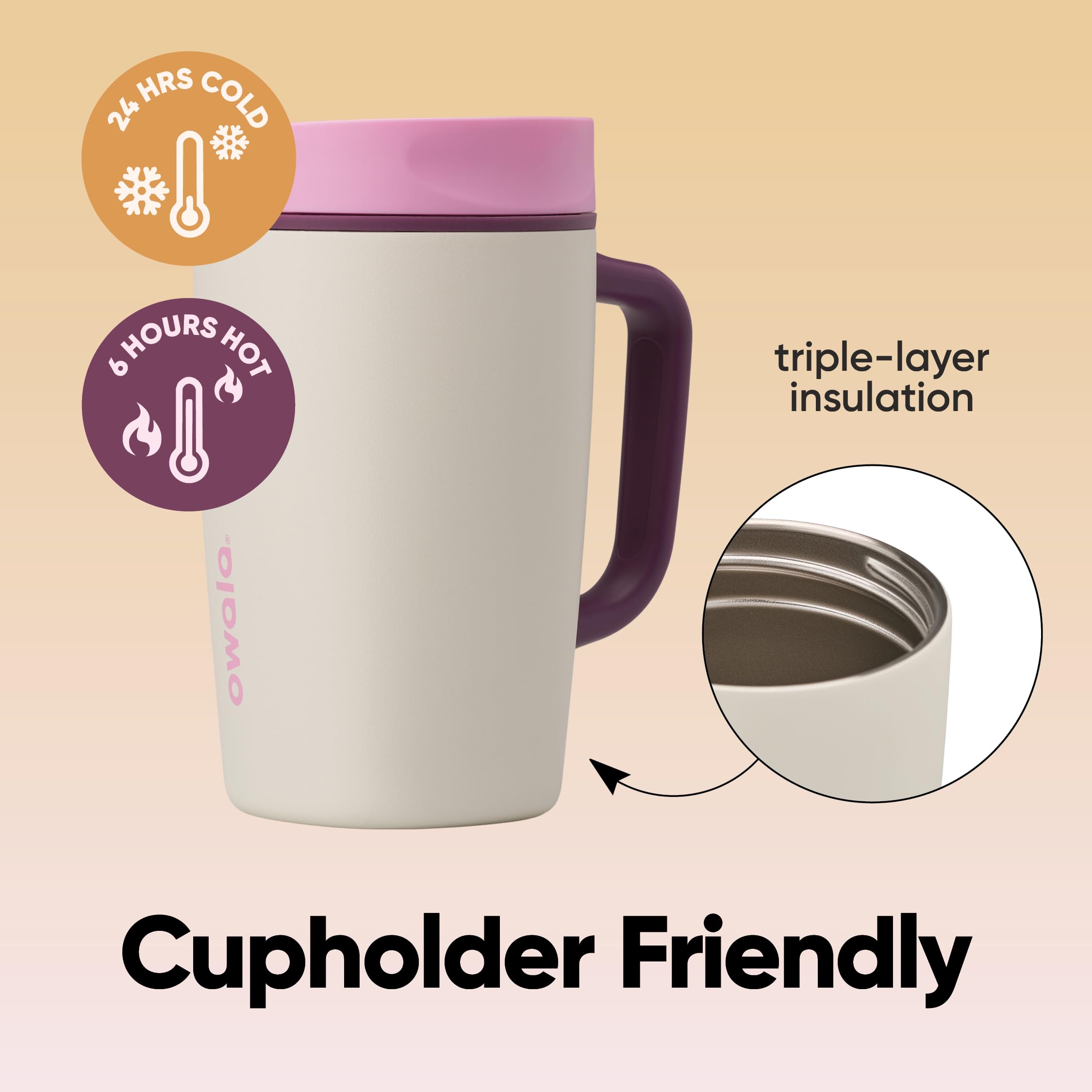 Owala SmoothSip held by its handle showing easy grip and comfortable carry