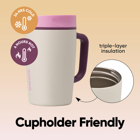 Owala SmoothSip held by its handle showing easy grip and comfortable carry