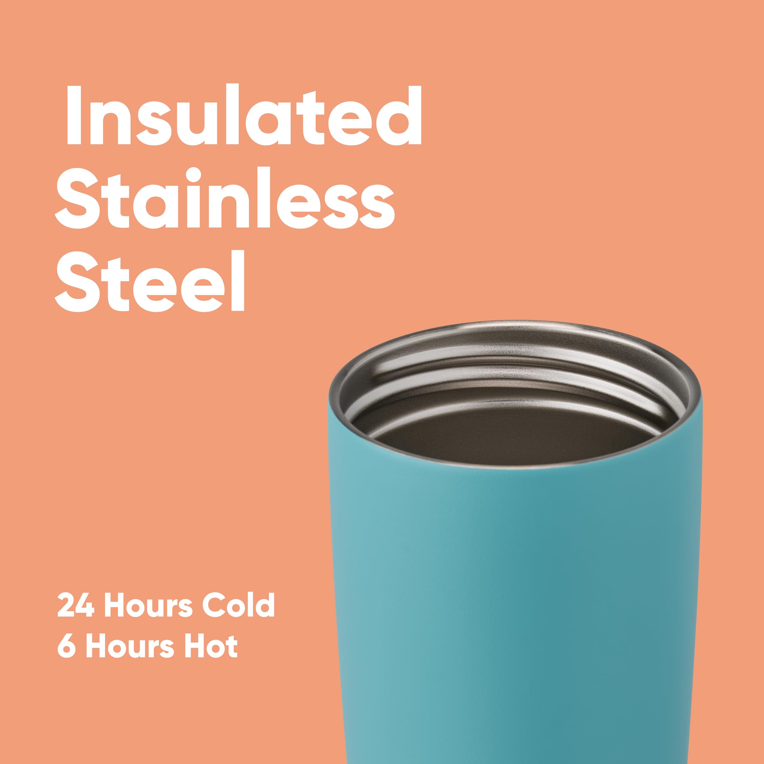 Owala SmoothSip beside a phone showing 20 oz scale and portability benefit