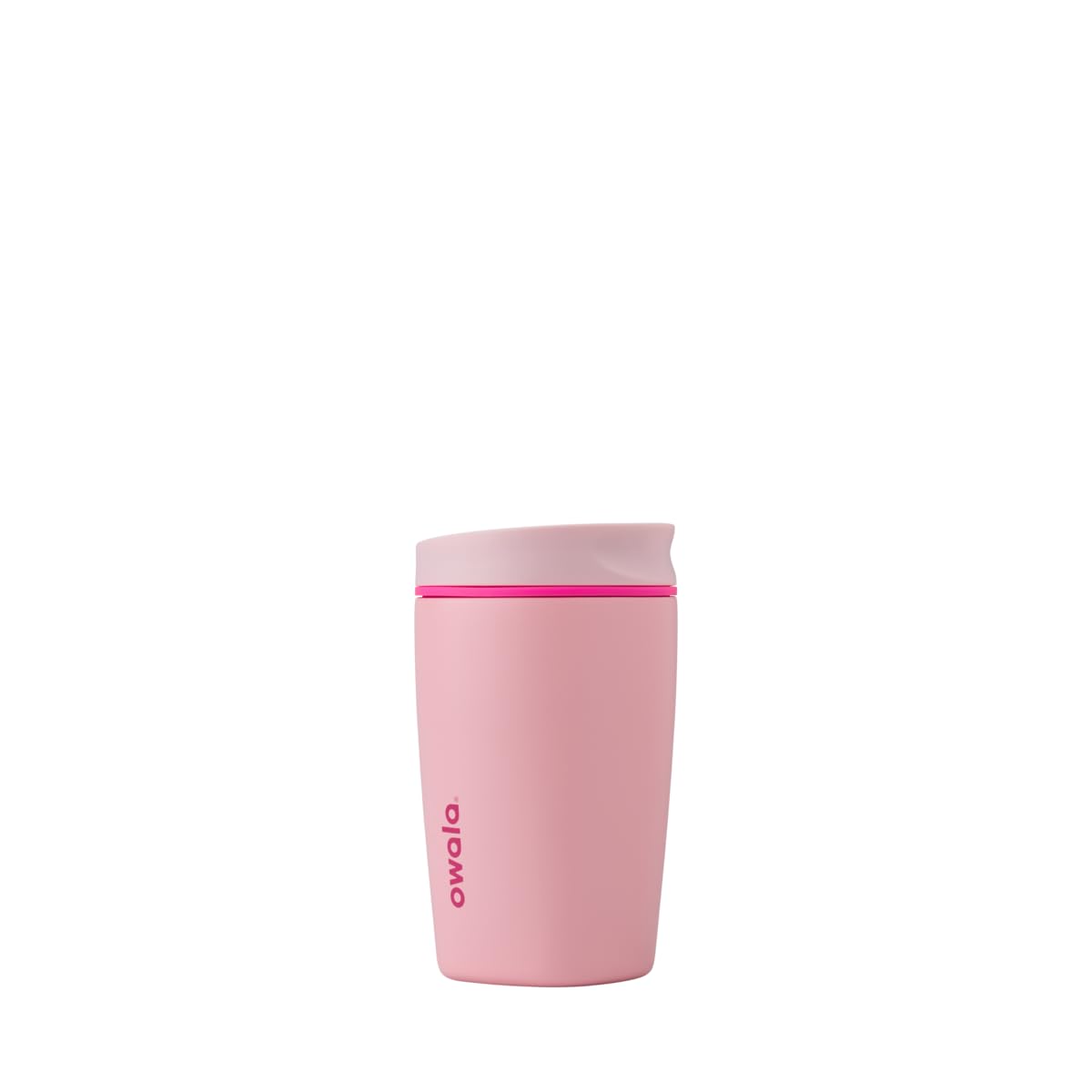 Owala SmoothSip front view showing pink insulated tumbler and secure lid — travel convenience