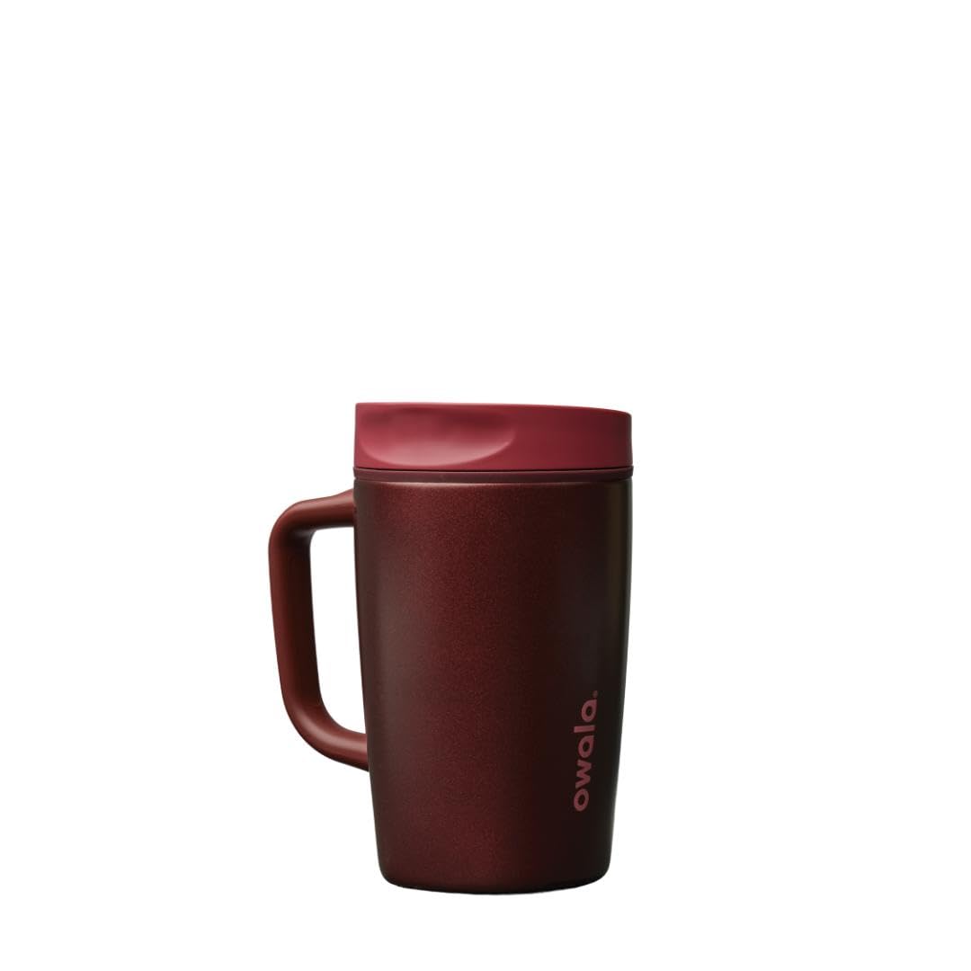 Owala SmoothSip front view showing sleek black cherry exterior and handle benefit warmth retention