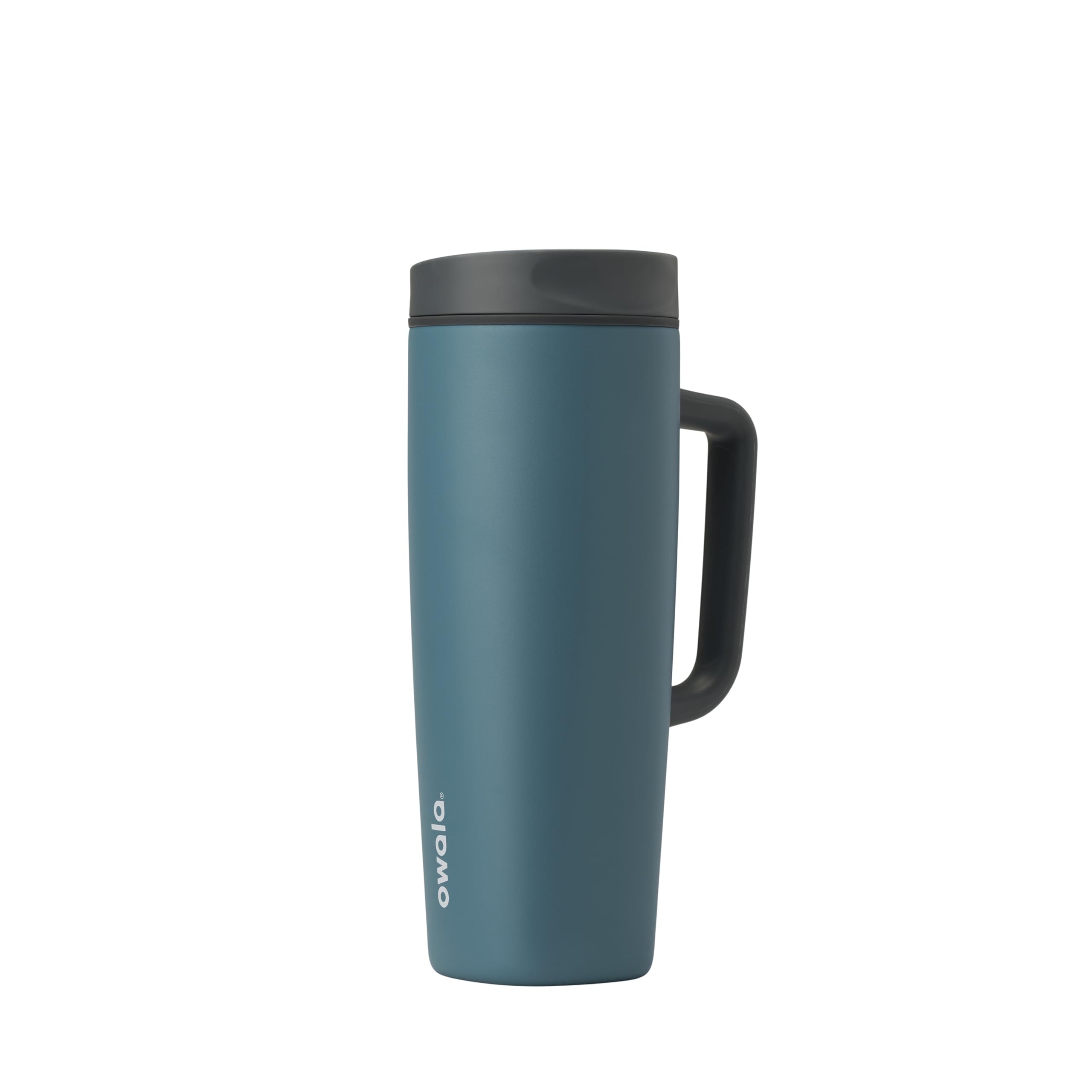 Owala SmoothSip Slider front view showing sleek stainless steel and capacity, enhancing portability