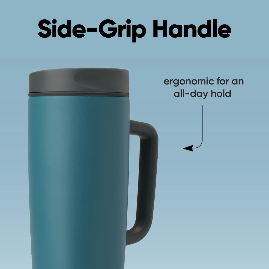 Owala SmoothSip Slider placed in car cupholder showing tapered base for commute convenience