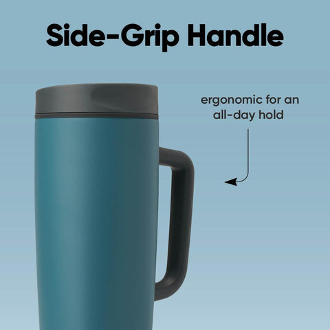 Owala SmoothSip Slider placed in car cupholder showing tapered base for commute convenience