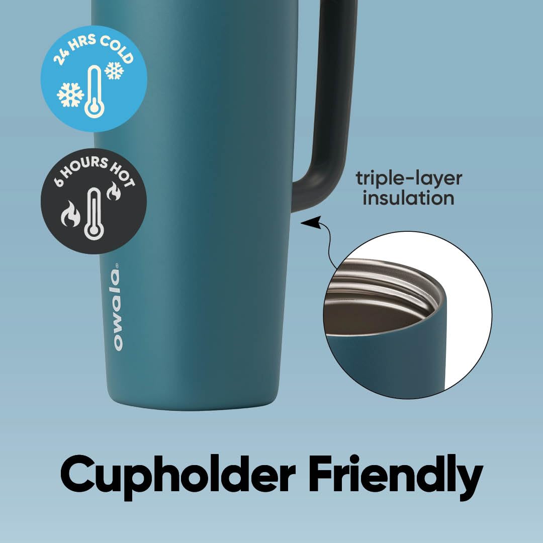 Owala SmoothSip Slider lid closed closeup showing sliding lock for 100% leak proof protection