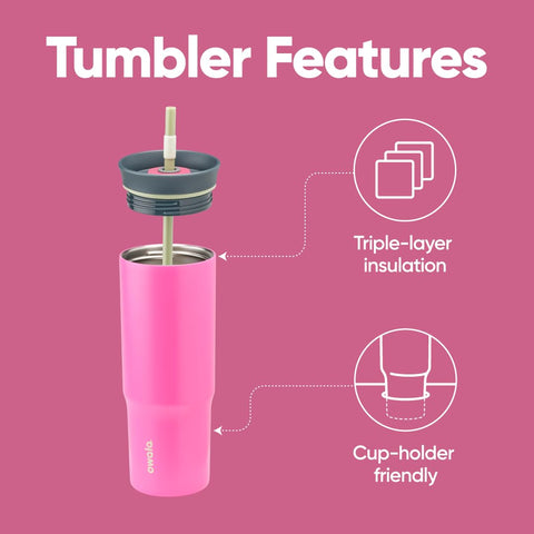 Owala tumbler removable straw and 2-in-1 lid detail for spill-resistant sipping and swigging