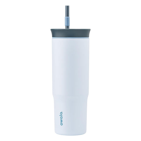 Owala tumbler front view showing The Great Blue and insulated benefit