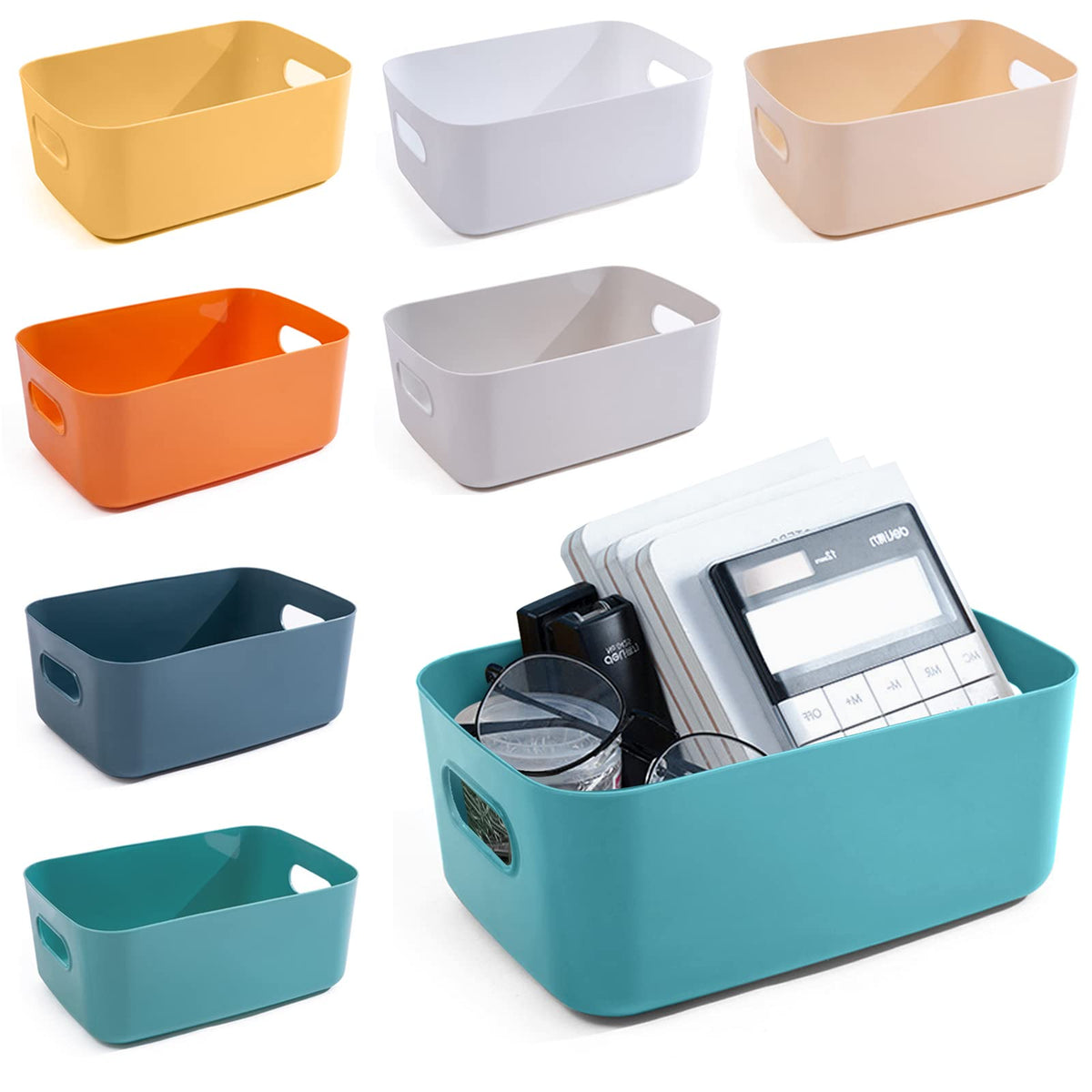 OWill front view of seven colorful storage baskets showing capacity and tidy appearance