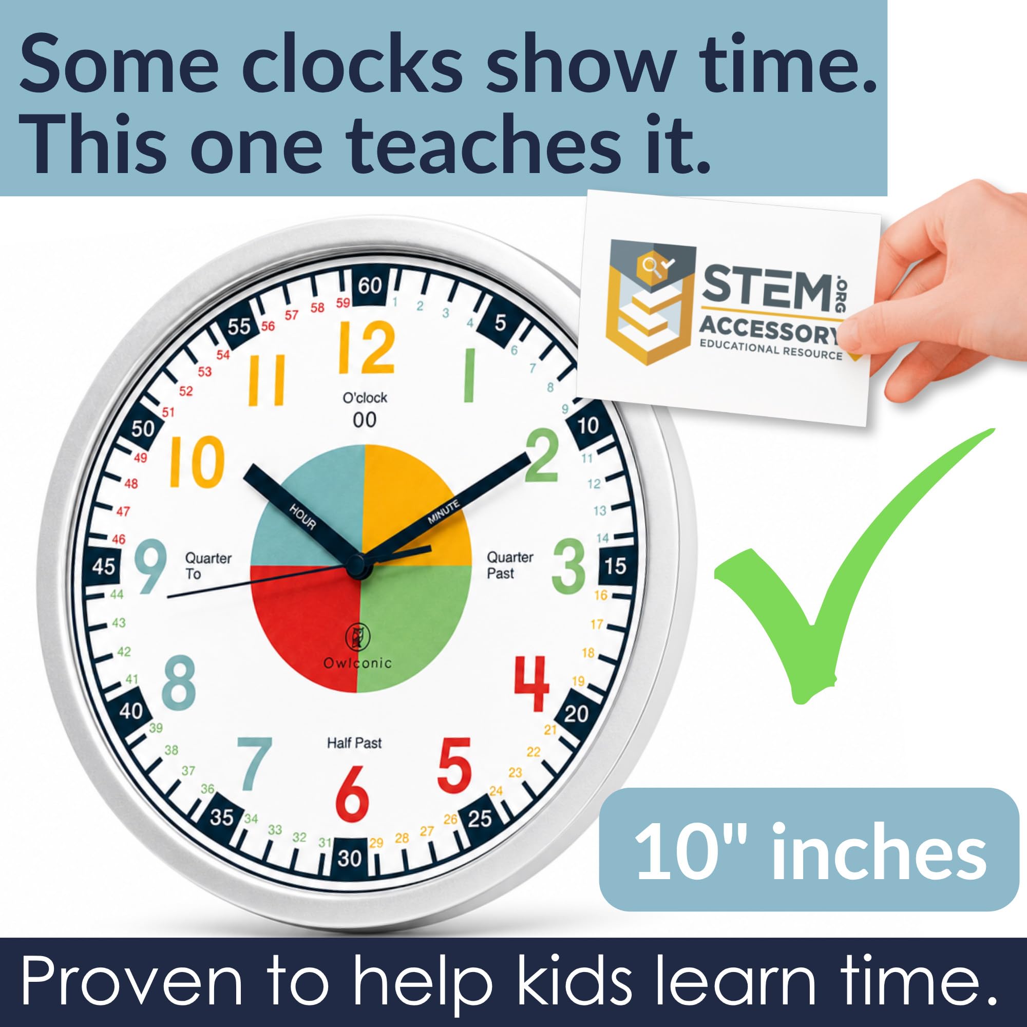 OWLCONIC labeled hour and minute hands close-up showing teaching cues