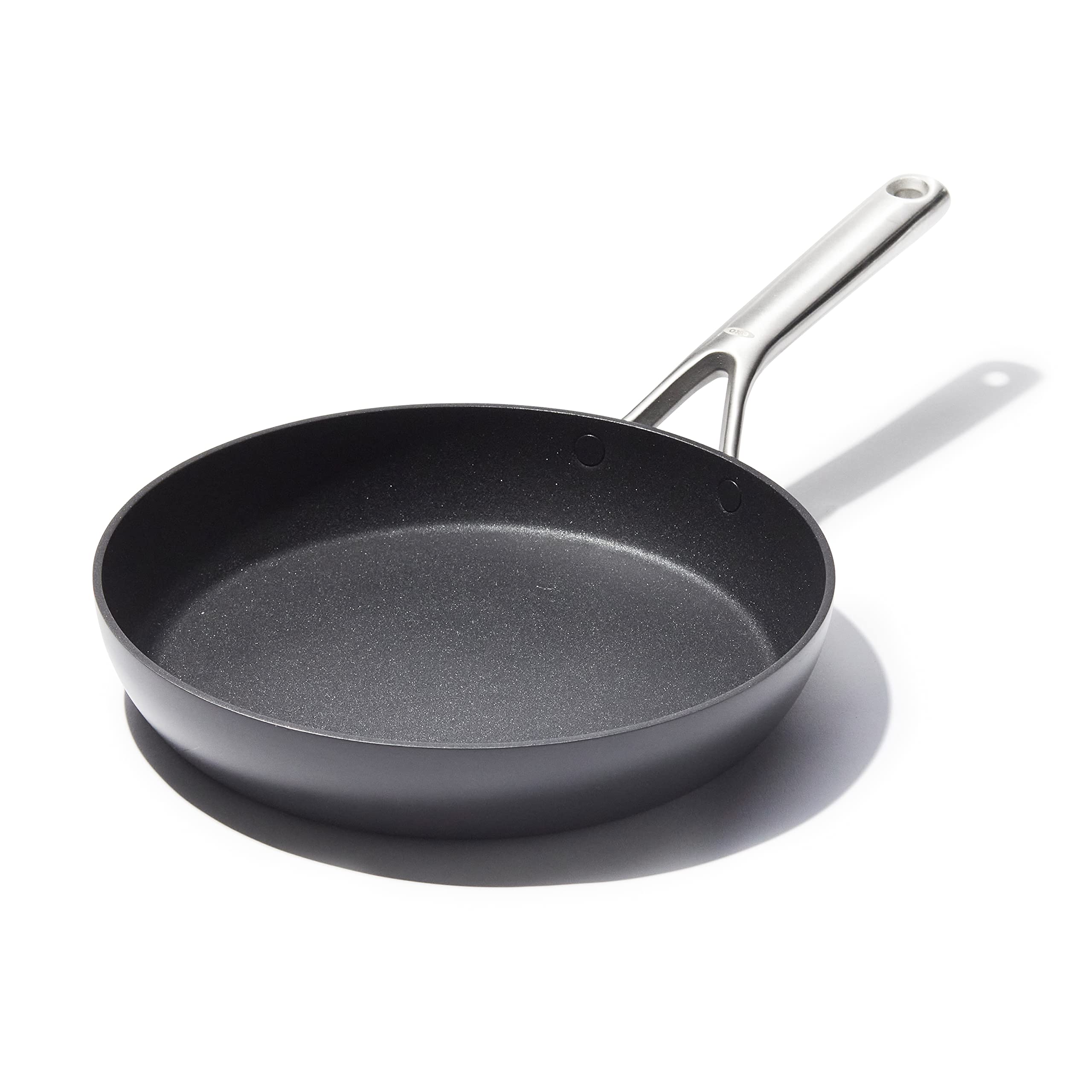 OXO 10-inch frying pan front view showing cooking surface and shape for even cooking