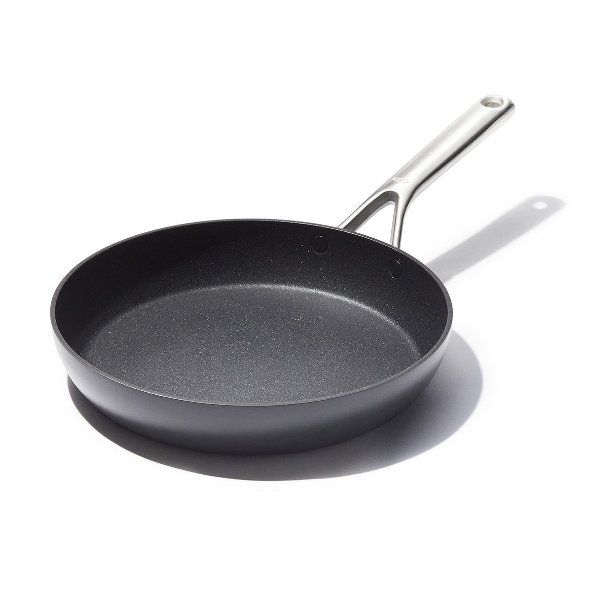 OXO 10-inch frying pan front view showing cooking surface and shape for even cooking