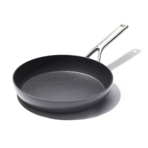 OXO 10-inch frying pan front view showing cooking surface and shape for even cooking