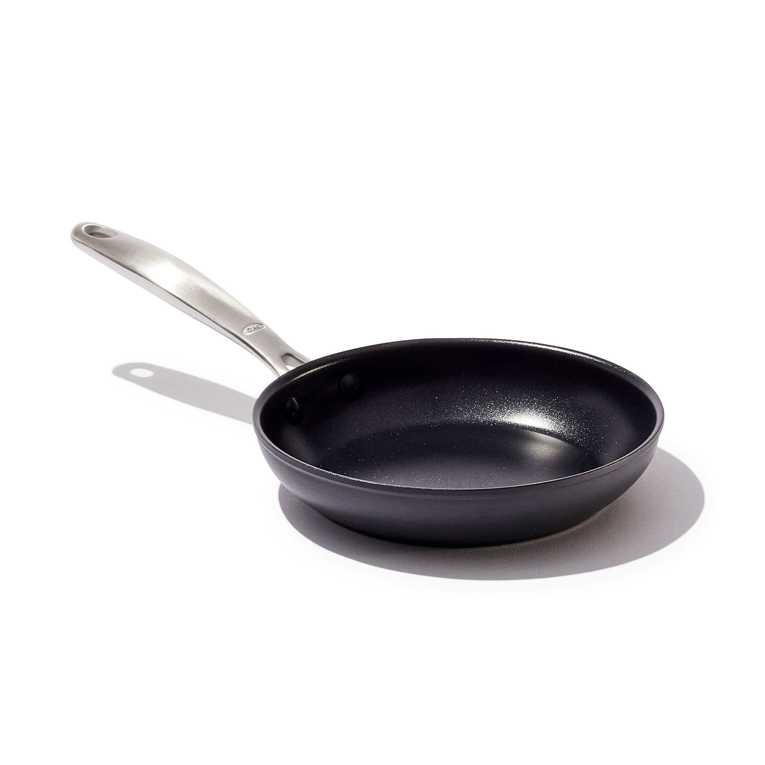 OXO front view of 8-inch frying pan showing sleek finish and practical shape benefits