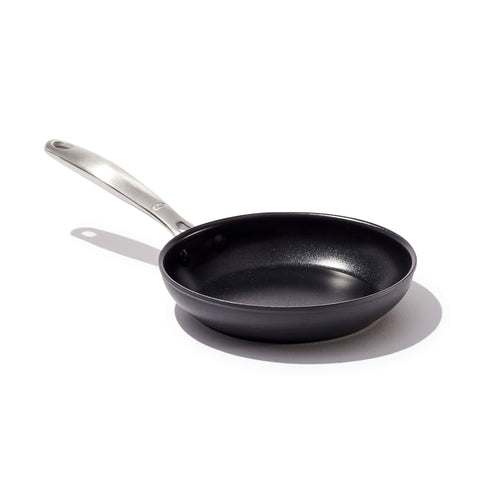 OXO front view of 8-inch frying pan showing sleek finish and practical shape benefits