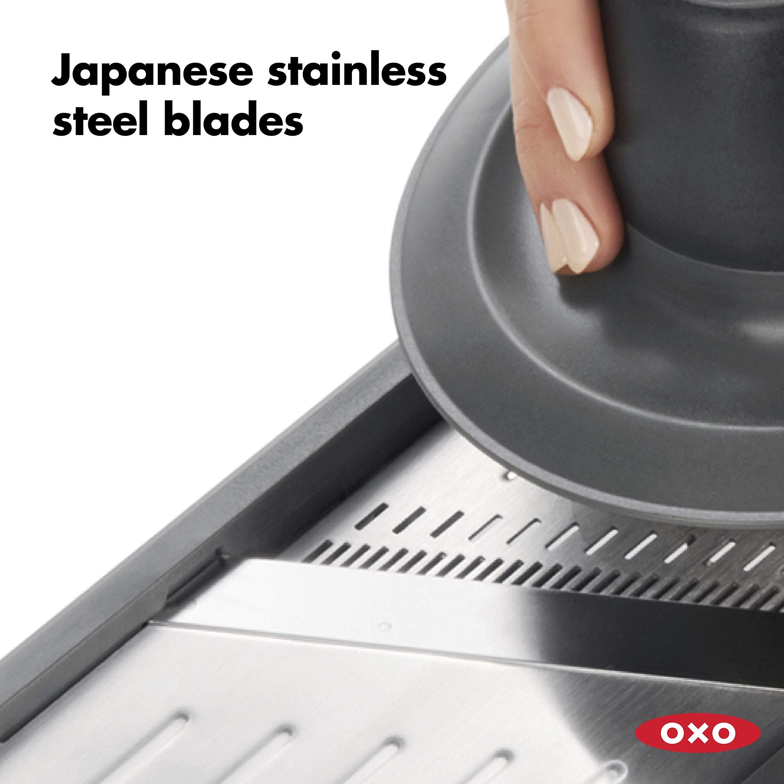 OXO angled Japanese stainless blade close-up for cleaner soft-food slicing