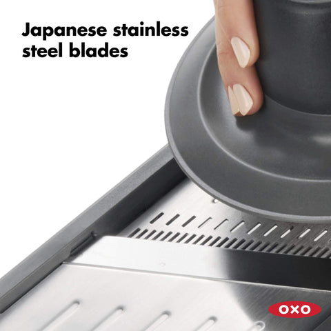 OXO angled Japanese stainless blade close-up for cleaner soft-food slicing