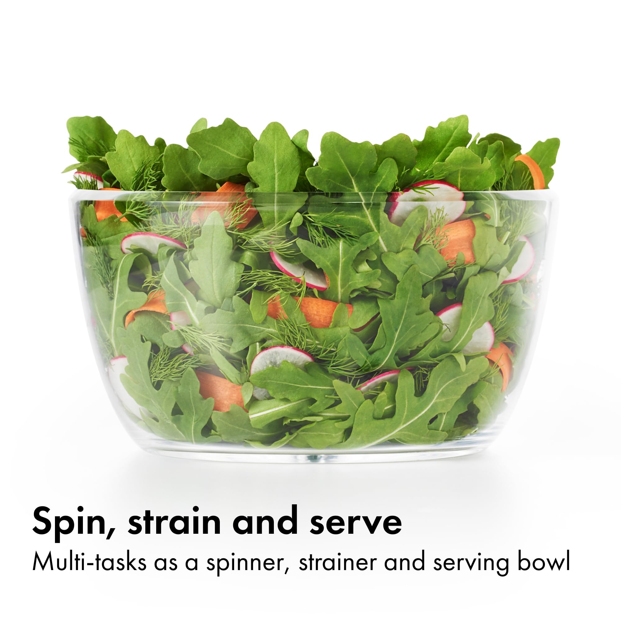 OXO small spinner with berries showing gentle rinse and drain benefit