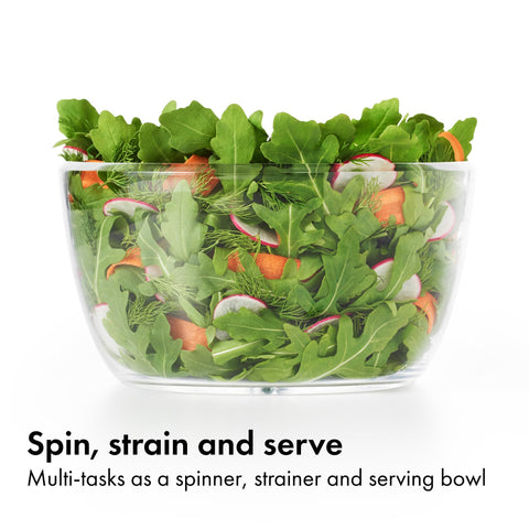 OXO small spinner with berries showing gentle rinse and drain benefit