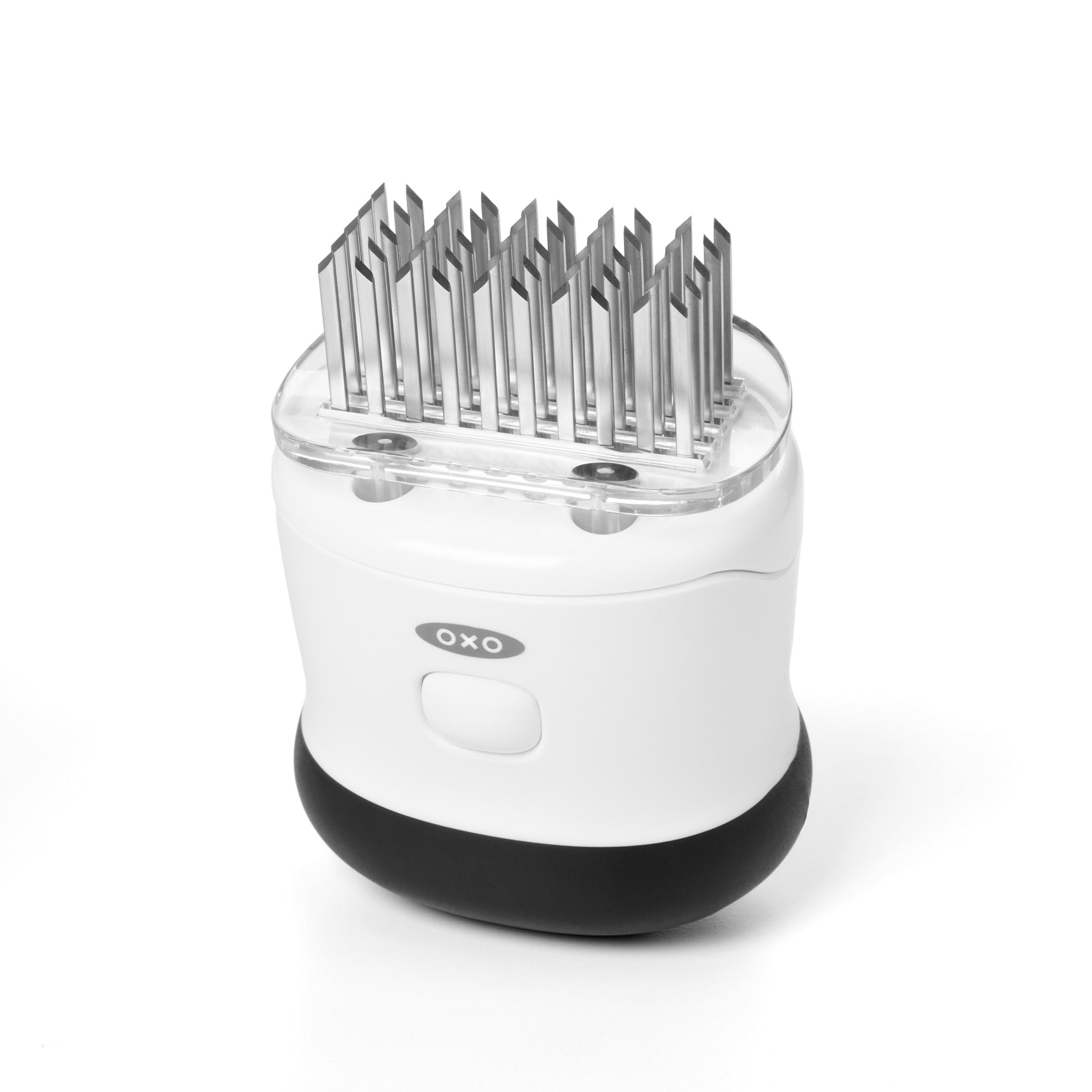 OXO close-up of 50 stainless blades revealing sharp pattern for faster marinating